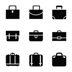 Collection of nine black briefcase icons on a white background luggage travel 1