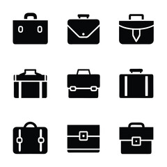 Collection of nine black briefcase icons on a white background luggage travel 2