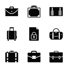 Collection of nine black briefcase and luggage icons on a white background travel business