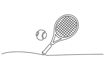 Continuous one line drawing tennis racket and ball equipment for competition play game vector illustration. one line Icon drawing with white background