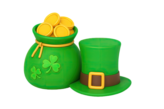 St Patrick’s Day festive illustration with green leprechaun hat pot of gold coins and shamrock clovers symbolizing luck isolated on white background - Powered by Adobe