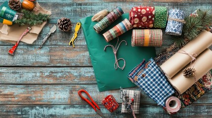 Top down image of gifts and wrapping paper on wooden surface