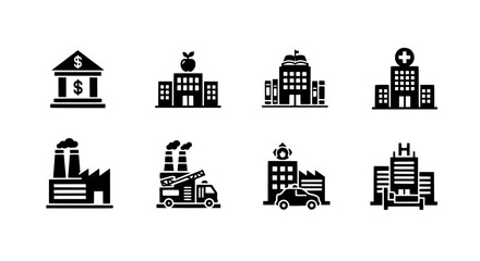 Fototapeta premium Black Silhouette Icon Set of Buildings with Different Purposes and Features