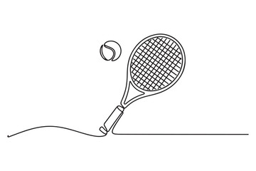 Continuous one line drawing tennis racket and ball equipment for competition play game vector illustration. one line Icon drawing with white background