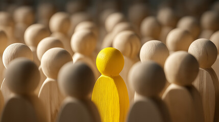 Fototapeta premium A yellow wooden figure stands out among plain wooden figures. Open recruitment.