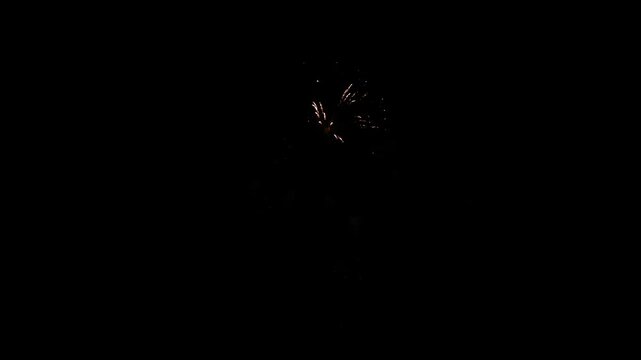Colorful fireworks explode in the night sky over a riverside festival.
