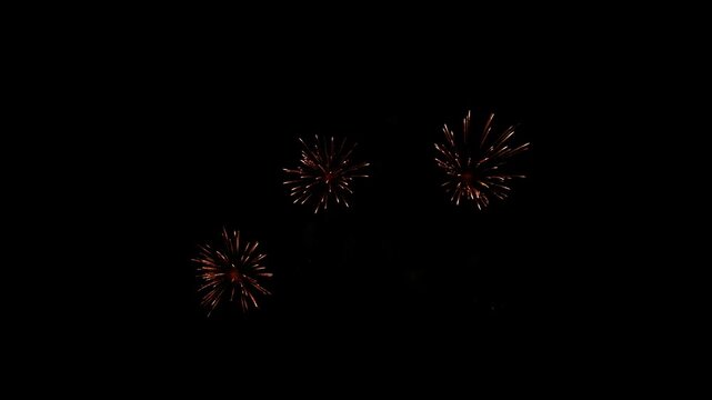 Colorful fireworks explode in the night sky over a riverside festival.