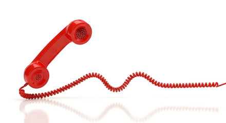 Vibrant red vintage telephone receiver with a long, wavy cord on a pristine white background