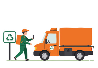 A delivery driver uses a tablet to manage a green delivery truck.  Modern, eco-friendly logistics. Bright, clean illustration.