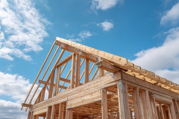 Fototapeta premium Vibrant wooden house frame construction against a bright blue sky with fluffy clouds showcasing architectural progress and future home building