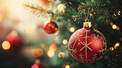 Red Christmas Ornament Hanging On A Festive Evergreen Tree