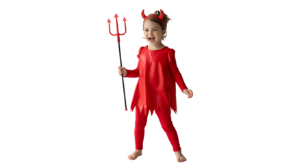 Adorable little girl dressed as a devil, ready for Halloween, she's full of fun and energy while holding a trident and wearing red horns
