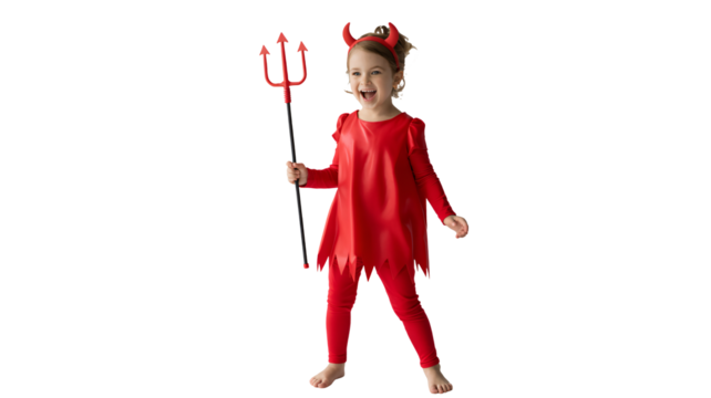 Adorable little girl dressed as a devil, ready for Halloween, she's full of fun and energy while holding a trident and wearing red horns