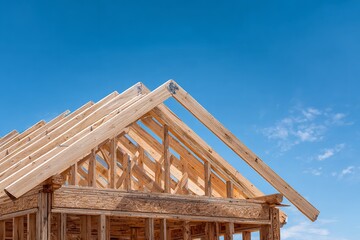 Obraz premium The raw potential of a new home, the exposed wooden frame against a clear blue sky signifies the start of dreams and future memories being built