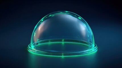 Transparent glass dome with green glowing neon lights