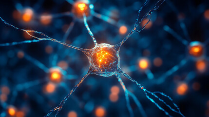 Visualization of artificial intelligence with glowing neural connections on a digital science background, symbolizing deep learning, networks, and futuristic technology.