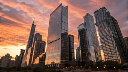 Naklejka premium Vibrant Cityscape at Golden Hour, Glass Towers and Cloudy Sky Low Angle View of Corporate Downtown Buildings at Dusk Dynamic Urban Horizon and Financial District Skyline in Warm Light