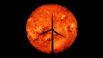 The vibrant sun with fiery hues displays solar activity while wind turbine blades silhouette against its brightness,