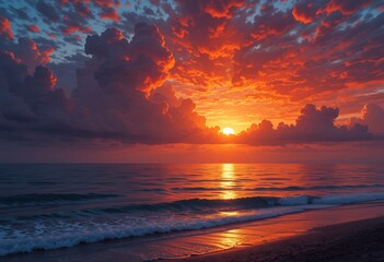 Vivid sunset over calm ocean waves with dramatic colorful cloud formations filling the sky