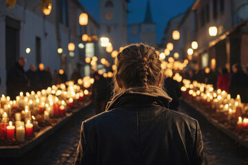 Obraz premium Child girl on night All Saints Day in decorated church burn candle AI Generative
