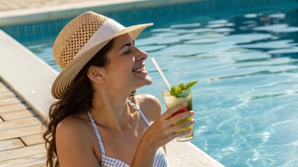 Happy Woman with Cocktail Relaxing by Swimming Pool in Warm Sunlight
Smiling Female in Sunglasses Enjoying Refreshing Drink on Summer Vacation
Lifestyle Portrait, Young Adult Holding Mint Drink 