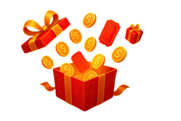 Open red gift box with golden coins and reward tickets flying out representing cashback bonus discount prize money giveaway