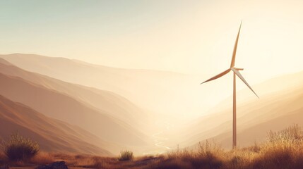 Obraz premium Serene landscape with rolling hills, dry grasses, winding river, modern wind turbine, softly lit mountains, warm hues,