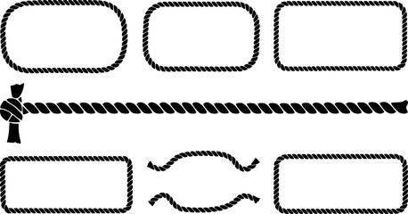 Fototapeta premium Rope frames vector graphic illustration isolated on white background for design. Vector cowboy lasso black silhouette set . 