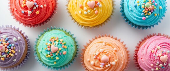 Colorful frosted cupcakes with heart shaped sprinkles and decorative confetti perfectly arranged