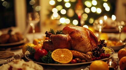 Roasted Thanksgiving Turkey on a Decorated Festive Table