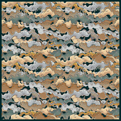 Hand drawn Seamless vector pattern of golden and silver Asian cloud motifs