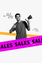 Trendy vertical zine art pop trend collage of happy man hold megaphone percentage announcement black friday sale bargain low price