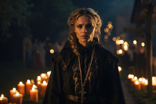 Young woman on night All Saints Day decorated church burn candle AI Generative - Powered by Adobe