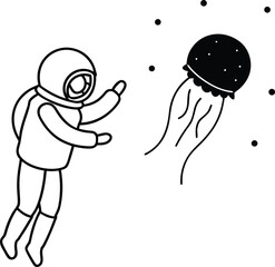 astronaut discovering glowing jellyfish in space vector illustration on transparent background