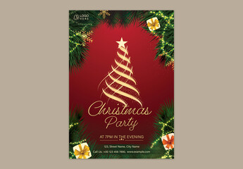 Christmas Party Flyer Template Editable Design with Festival Elements in Red and Golden Color Design.