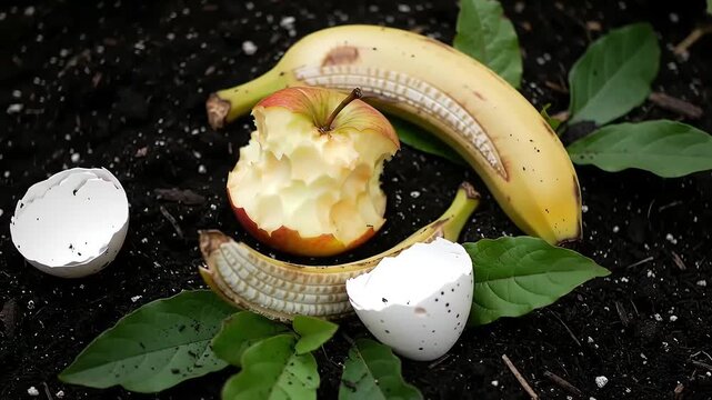 Organic Kitchen Waste for Composting and Natural Garden Fertilizer Apple Core Banana Peel Eggshells in Rich Soil for Sustainable Growth