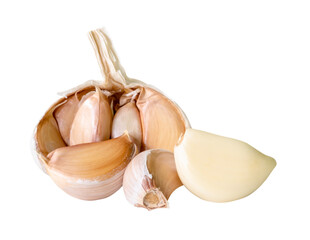 Garlic bulb in half with cloves in heap isolated on white background with clipping path