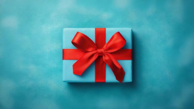 Wrapped blue present with a vibrant red bow placed on a textured turquoise surface, symbolizing celebration, surprise, or festivity