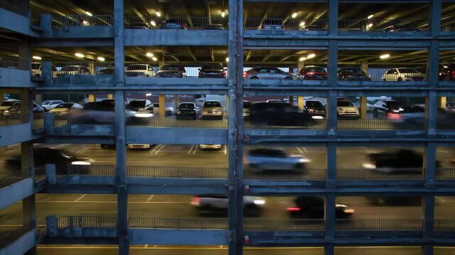 Parking area filled with autonomous vehicles and smart digital lighting system