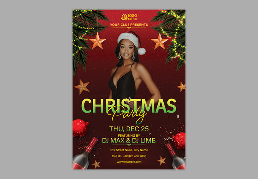 Christmas Party Flyer Editable Design with African Woman in Santa Hat and Event Details in Red Color.