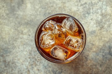 Top-Down View of Iced Beverage on Textured Gray Table, Bubbles Detail & Cooling Concept.