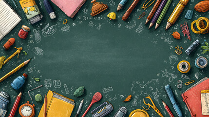 Playful school background with green chalkboard, hand-drawn education doodles, colorful stationery supplies, learning concept, and back to school theme