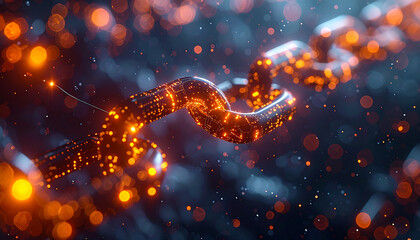 Chain of Innovation: A close-up perspective highlights a glowing chain, symbolizing digital connections and technological advancements.