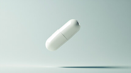 White medicine capsule floating on a clean minimal background, symbolizing healthcare, pharmacy, treatment, and modern medical design with simplicity and clarity.