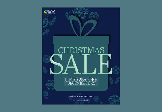 Editable Christmas Sale Social Media Template with Gift Box Design and Discount Details in Blue and Dark Grey Color.