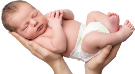 Delicate newborn baby peacefully sleeping cradled gently in adult hands wearing a soft diaper infant child gentle innocence new life babyhood care tenderness