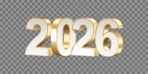 Happy new year 2026. Golden and white 3D numbers, isolated on transparent background. Holiday greeting card design.