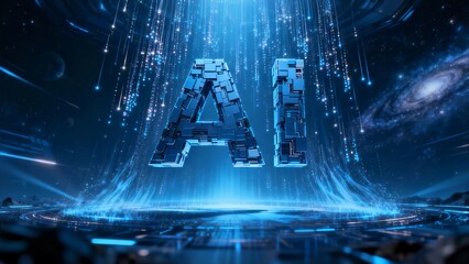 Show the creative blue of AI, the center of the picture is two capital letters "AI", using exquisite modular superposition of dynamic particle effects, super sci- grand scene,