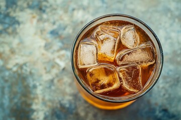  Close-up Top View of Cold Brewed Beverage with Ice Cubes in Glass on Textured Surface, Indoor Enjoyment.