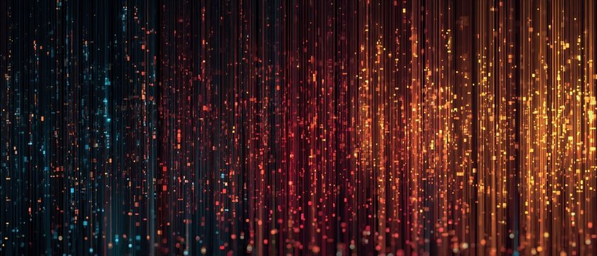 Dynamic abstract background with glowing vertical data lines and scattered digital particles, featuring a vibrant gradient from cool blue to fiery orange, symbolizing technology and information flow.
